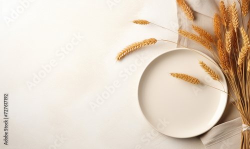 Autumn cozy minimal table set, flat lay withcopy space photo