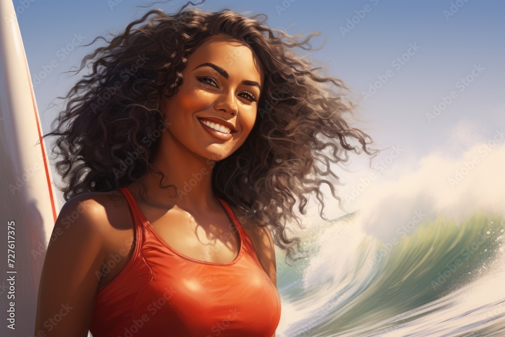 Portrait of a healthy woman doing surfing in summer day with water splashes and empty space, Generative AI Portrait of a healthy woman doing surfing in summer day with water splashes and empty space, Generative AI