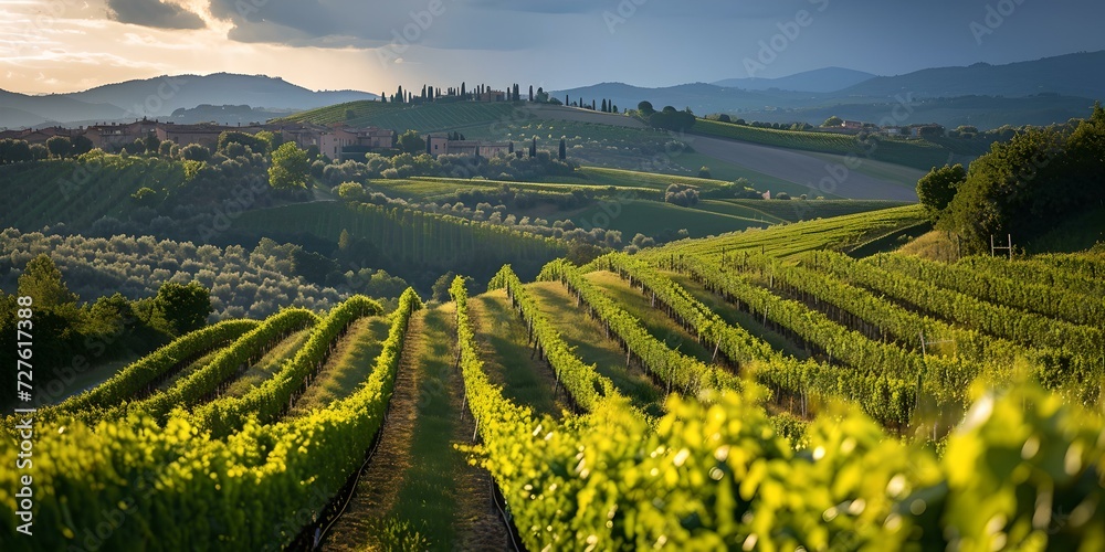 Scenic tuscan hills with vibrant green vineyards at sunset. peaceful italian countryside landscape. perfect for travel and nature themes. AI
