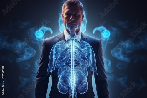 Blue energy radiates through a human body's x-ray, highlighting the intricate anatomy of the skull and brain, with a loop of glowing light embracing the medical science concept © NOTE OMG