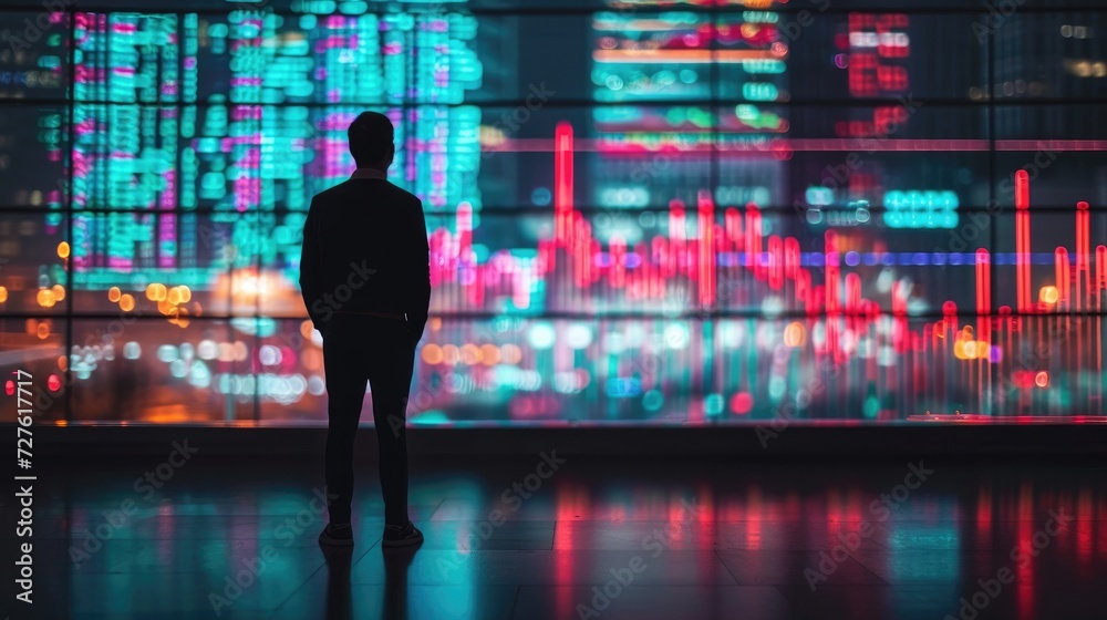 A man standing in front of a red and green share market lines with empty space, Generative AI. A man standing in front of a red and green share market lines with empty space, Generative AI.