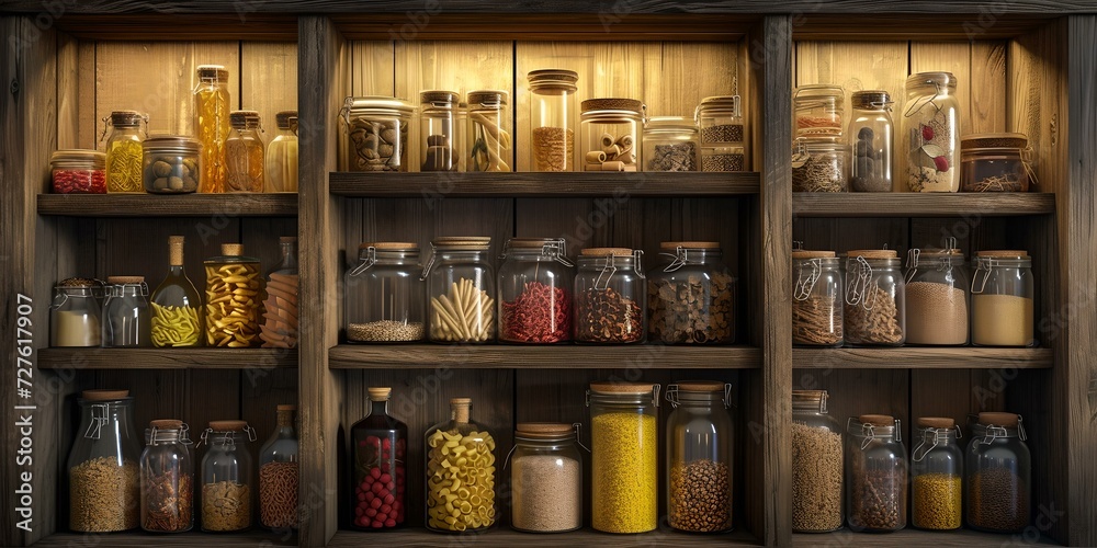 custom made wallpaper toronto digitalVintage pantry shelves stocked with assorted dry food jars. rustic kitchen storage concept with a variety of grains and pulses. organized food supplies. AI