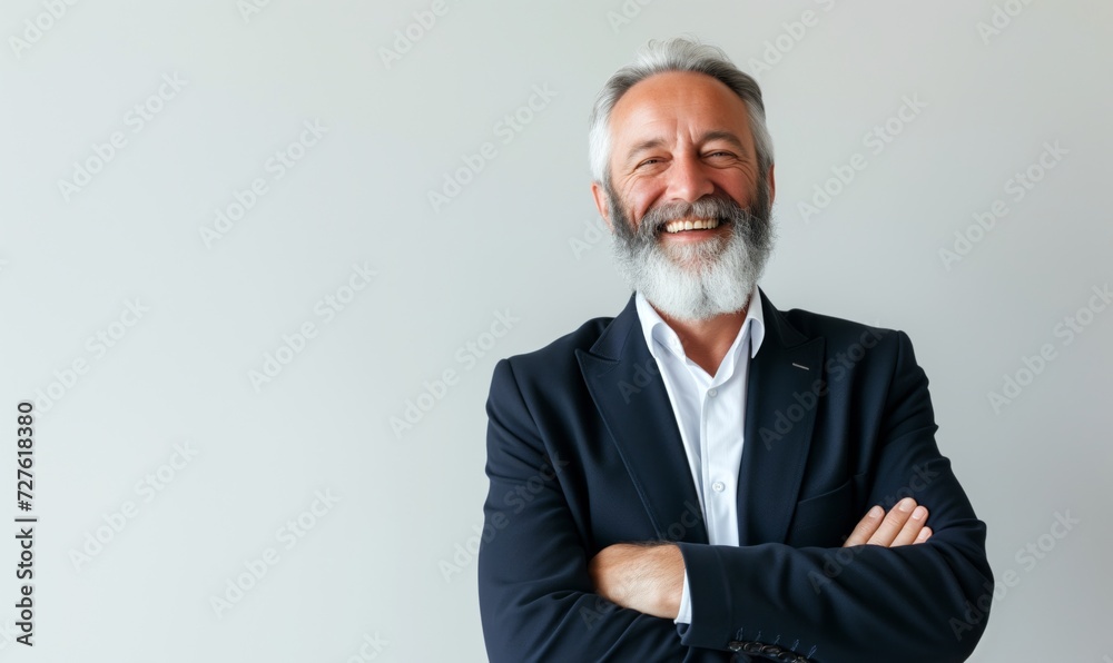 Happy laughing old bearded business man leader executive, smiling senior confident professional businessman wearing suit standing arms crossed isolated on white background - obrazy, fototapety, plakaty 