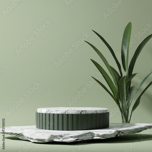 Podium background 3D leaf marble stand display mockup for Sales product green 6