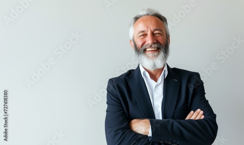 Happy laughing old bearded business man leader executive, smiling senior confident professional businessman wearing suit standing arms crossed isolated on white background photo
