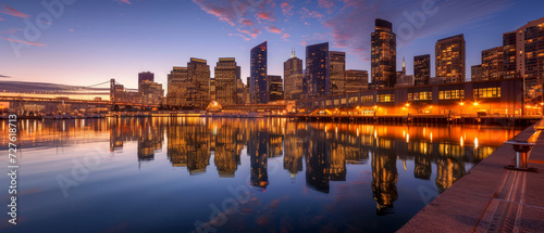 Evening skyline with reflections on water. 