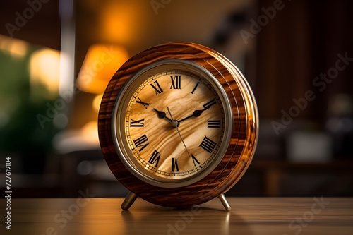 Close-up of alarm clock on nightstand with dim lighting