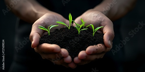 Hands nurturing young green plants in soil. growth, care, sustainability concept. photo for environmental themes. perfect for earth day promotions. AI