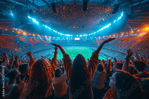Crowd of sports fans cheering during a match in stadium. Excited people standing with their arms raised, clapping, and yelling to encourage their team to win. photo
