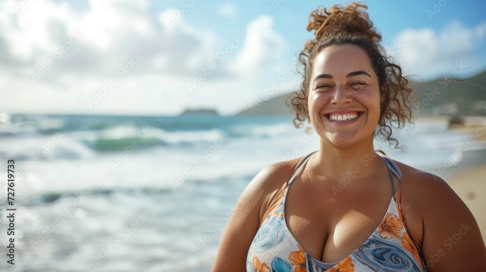 A happy healthy woman enjoying her weekend in sea beach with summer sunny day and empty space, Generative AI.