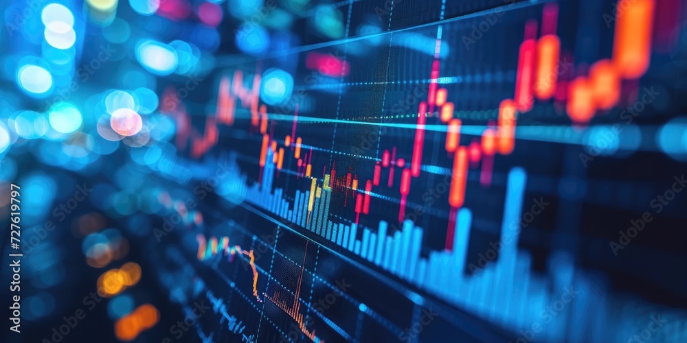 Share market candles with blue and deep red lights in digital display with empty space in backdrop, Generative AI. Share market candles with blue and deep red lights in digital display with empty space in backdrop, Generative AI.