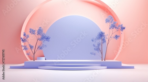 Center stage, a streamlined 3D podium. On either side, miniature trees with geometric leaves cast soft shadows. The background, an elegant pastel gradient from coral to periwinkle