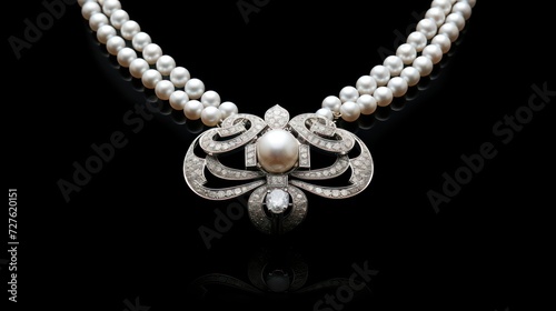 Elegant Pearl Necklace with a Dazzling Diamond Pendant on a Dark Background