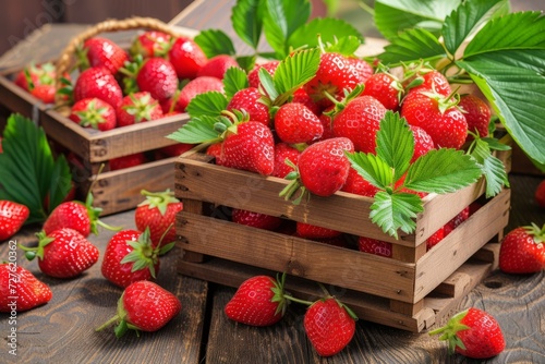 Juicy fresh strawberries in a wooden box on a wooden background, summer berries.