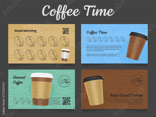 Coffee time loyalty card for sticker collect bonus voucher free design template set vector