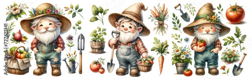 Cheerful Gnome Gardener In Watercolor Style photo