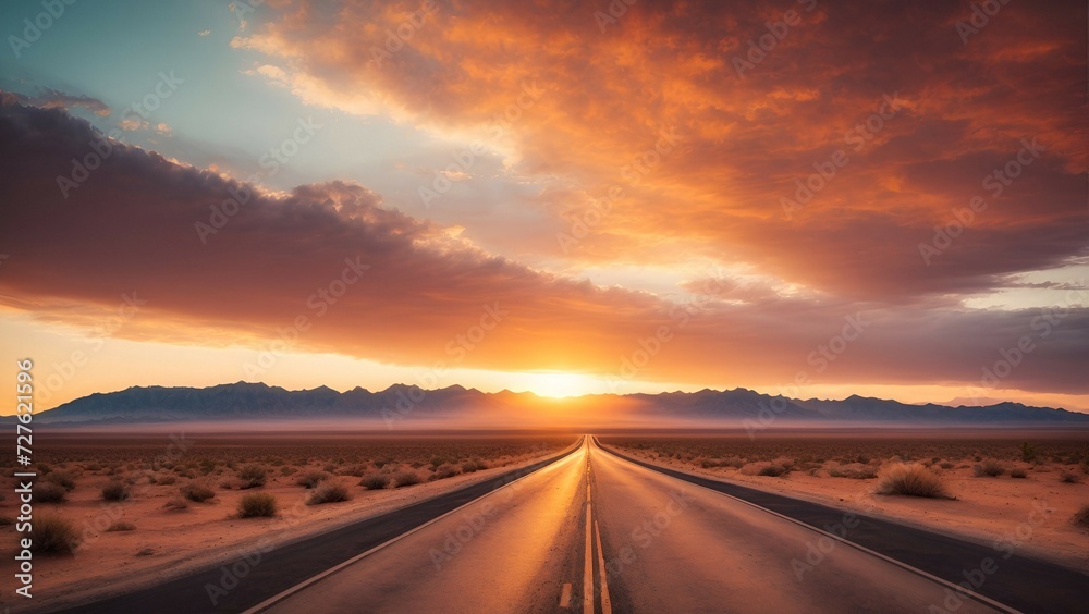 Sunset View Along a Desert Highway With Mountain Silhouette in the Distance