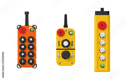 Crane remote control console with buttons orange yellow electric device set realistic vector