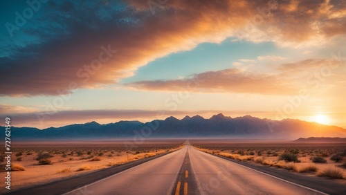 Sunset View Along a Desert Highway With Mountain Silhouette in the Distance
