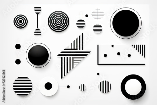 Retro black and white geometric pattern background, abstract circle, triangle and square lines art. Trendy bauhaus pattern backgrounds op-art set