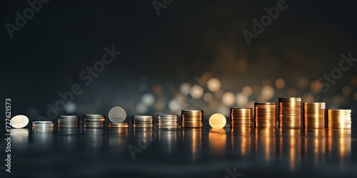 Glowing coins lined up showcasing financial growth, stability, and investment. abstract concept of wealth accumulation. ideal for financial themes. AI photo