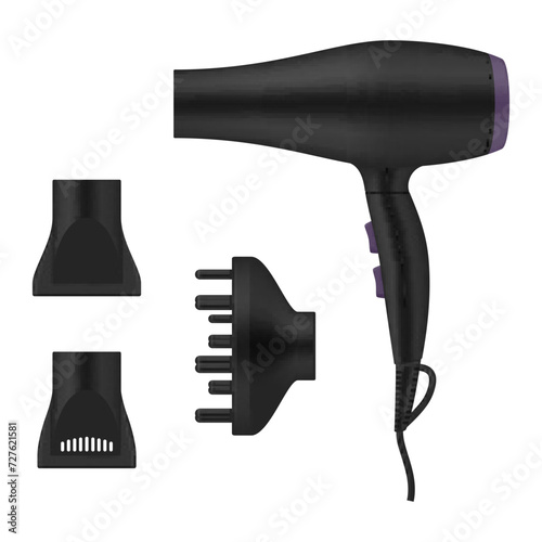 Hair dryer with attachments hairstyle beauty warm cold air blow black device set realistic vector