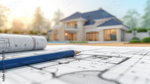Immobilien Konzept - Bauzeichnung, Grundriss Architekturplan für ein Bauprojekt mit Bleistift vor unscharfem Neubau eines Hauses im Hintergrund   photo