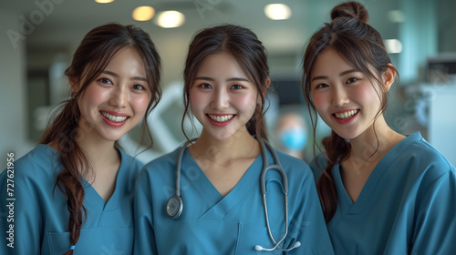 full body shot of trhee beautiful dental hygienists  with having a smartphone and looking into the phone ,smiling ,in simple and shining modern dental clinic
