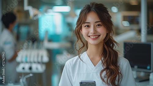 full body shot of trhee beautiful dental hygienists  with having a smartphone and looking into the phone ,smiling ,in simple and shining modern dental clinic photo