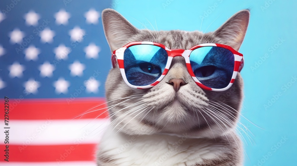 Cat wearing glasses fashion portrait on flag american background. 4th of July USA Independence Day. presentation. advertisement. invite invitation. copy text space.