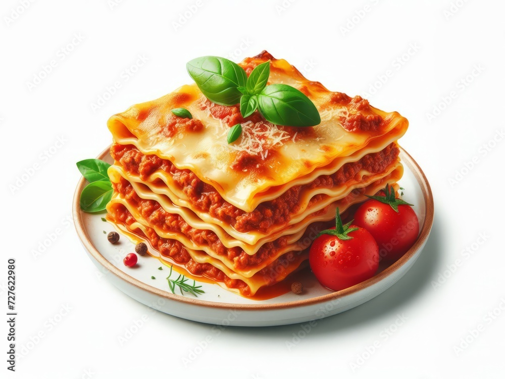 Lasagne isolated on a white background. Piece of lasagna with bolognese sauce on the plate. Italian cuisine Lasagne isolated on a white background. Piece of lasagna with bolognese sauce on the plate. Italian cuisine