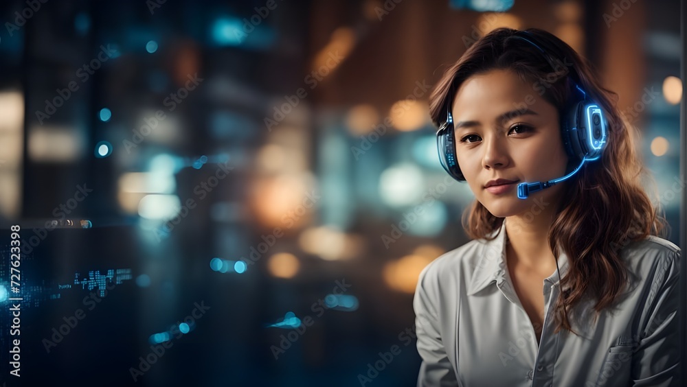 Smiling friendly female call-center agent with headset working on support hotline in the office Smiling friendly female call-center agent with headset working on support hotline in the office