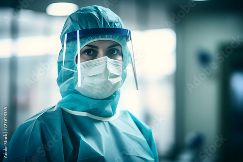 Surgical Nurse in cap and mask in medical clinic. Close-up portrait. Health care, surgery.