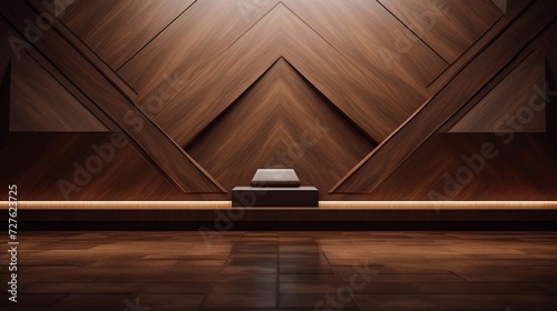 Fototapeta Naklejka Na Ścianę i Meble -  Situated at the center is an angular wooden podium with a lustrous finish. It perfectly complements the earthy, organic patterns of the brown wall behind it, which pulsates with a subtle glow.