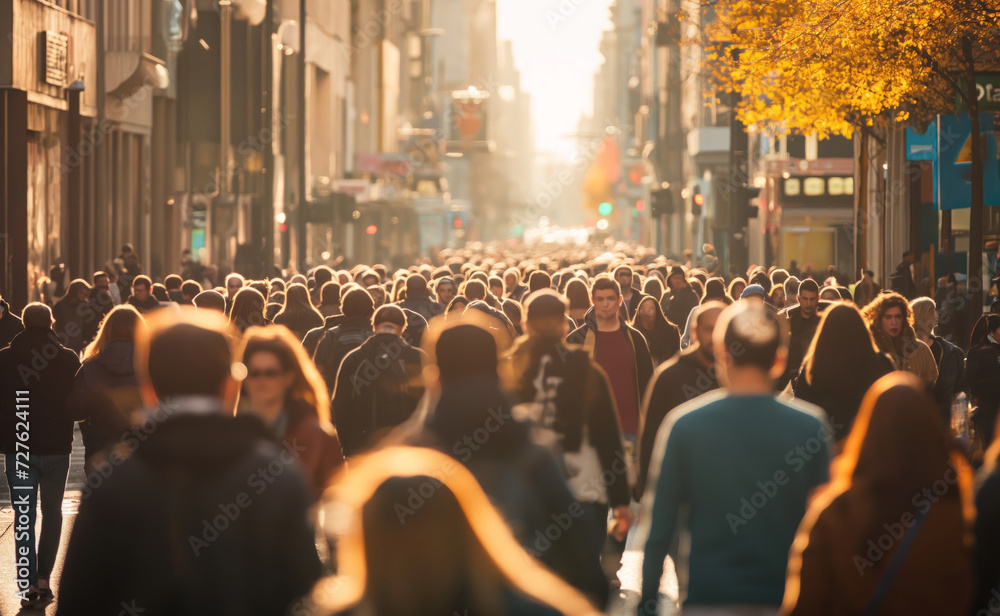 Bustling City Street at Golden Hour with lots of people Bustling City Street at Golden Hour with lots of people