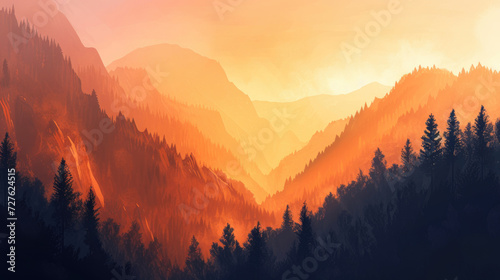 Illustration of a serene sunset in misty mountains with pine tree silhouettes, modern monochrome style
