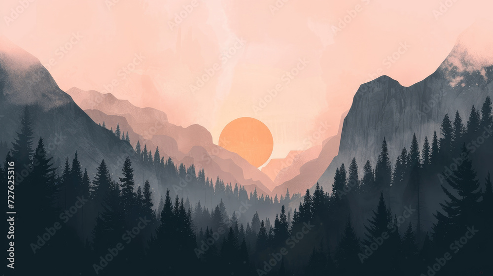 Illustration of a serene sunset in misty mountains with pine tree silhouettes, modern monochrome style - obrazy, fototapety, plakaty 