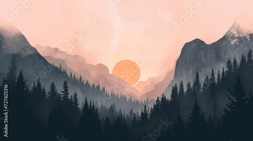 Illustration of a serene sunset in misty mountains with pine tree silhouettes, modern monochrome style photo