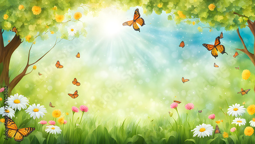 Spring-themed background and banner featuring flowers  green trees  and butterflies to create a springtime atmosphere. Ideal for spring promotions  flower exhibitions  or garden parties.
