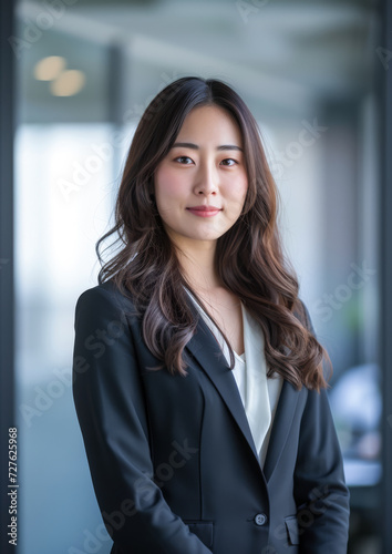 Confident Japanese businesswoman portrait at her office with copy space