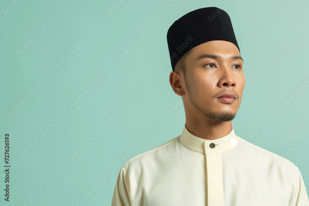 Malay man in traditional attire with pastel copy space