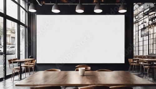 Modern, well-lit café with wooden tables and chairs, featuring a large blank white screen on the wall. photo