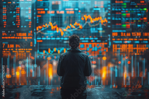 Double exposure of People in business are studying and working on the analytics to forecast stock market behavior. CEO with hands crossed in front view