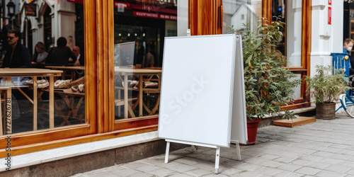 empty billboard on the street in front of the restaurant, Mock up Signboard Blank sign stand shop Restaurant cafe Menu