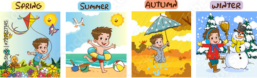 Vector illustration of Four Seasons With Cartoon Kid