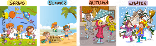 Vector illustration of Four Seasons With Cartoon Kid