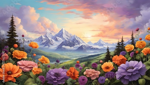 A vibrant floral mountain landscape art, colorful flowers foreground, serene snow-capped peaks, ideal for home decor, digital print, wall art