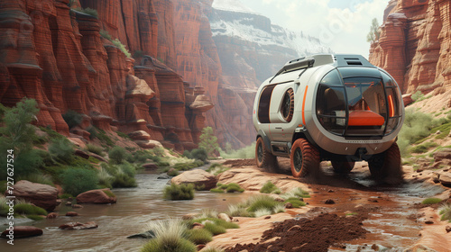 An off-road futuristic campervan traveling in nature on a canyon path for a road trip to adventure and freedom