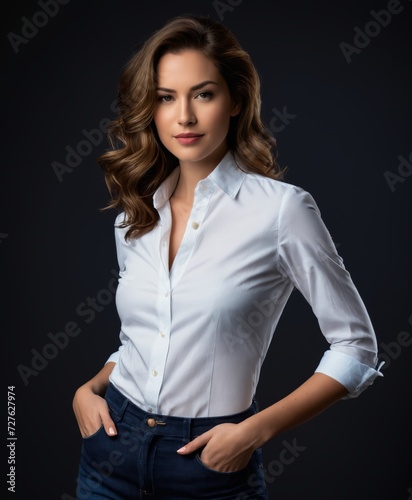 An image of a woman with medium-length wavy hair and a poised expression. She is wearing a fitted white button-up shirt with the sleeves rolled up and form-fitting blue skinny jeans.