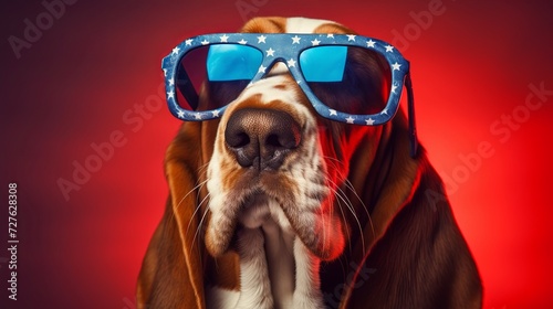 Basset Hound dog wearing sunglasses fashion portrait on red solid background. 4th of July USA Independence Day. presentation. advertisement. invite invitation. copy text space. photo